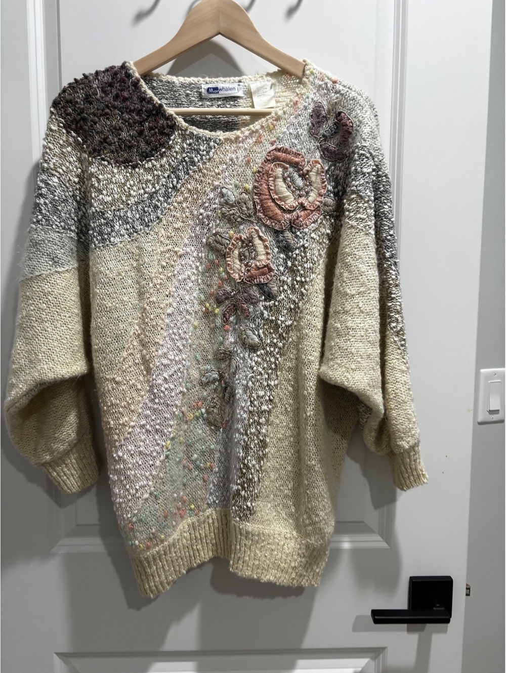 Vintage 80s Marisa Whalen Sweater Pink Floral Embroidery Wool Blend Chunky M